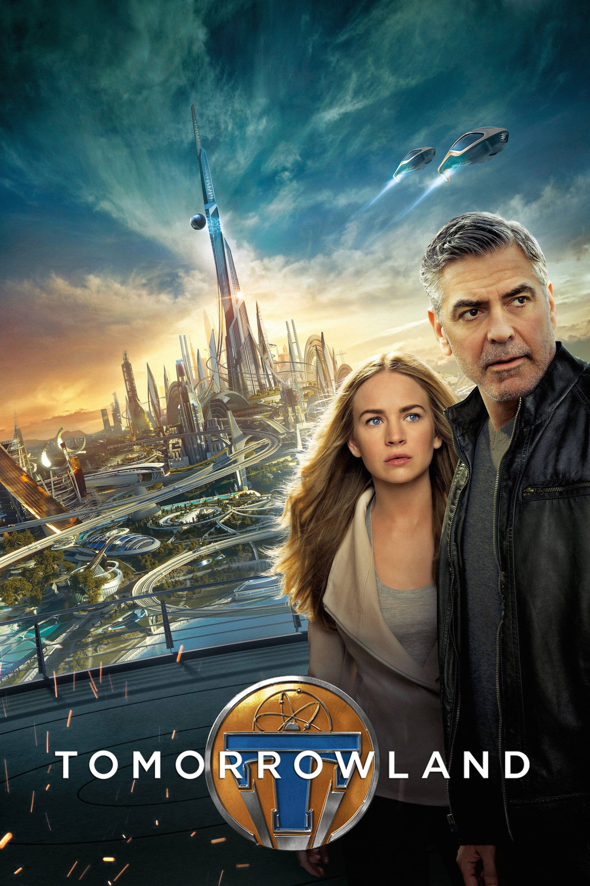 Tomorrowland Movie 桌布 壁紙 — 兩個人站在未來主義的城市景觀前，有飛車和高聳的尖塔，天空戲劇性十足。