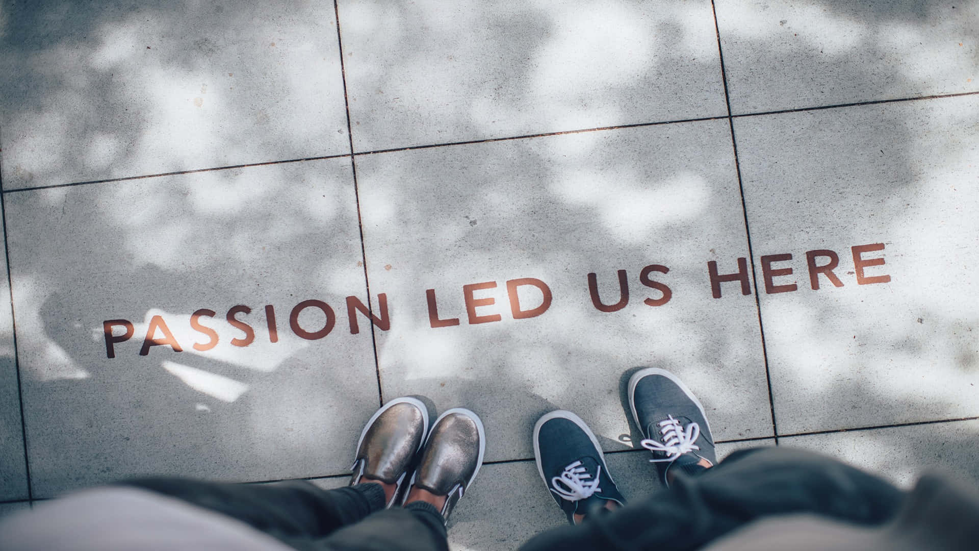 Eternal Life 桌布 壁紙 — 兩個人站在陽光斑駁的人行道上，腳下用溫暖色調繪有「passion led us here」字樣。