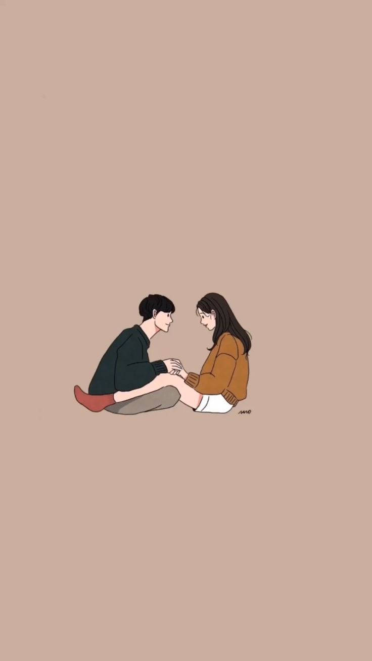 Cute Couples Cartoon 桌布 壁紙 — 兩個人面對面坐著，雙手緊握，背景為純米色，極簡插圖。