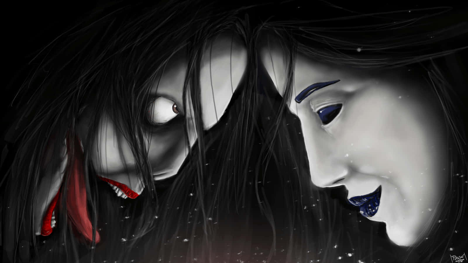 Jeff The Killer 桌布 壁紙 — 兩個令人毛骨悚然的對比面孔——一個蒼白、紅唇、眼睛發光，另一個平靜、藍唇——在黑暗、星塵瀰漫的擁抱中交纏。