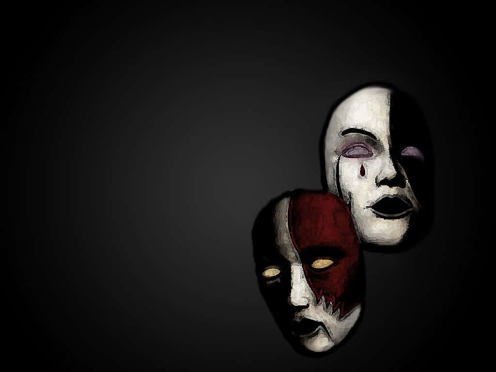 Obscure 桌布 壁紙 — 兩個令人毛骨悚然的彩繪面具——一個半紅半白，另一個半白半黑——漂浮在深色漸變背景上。