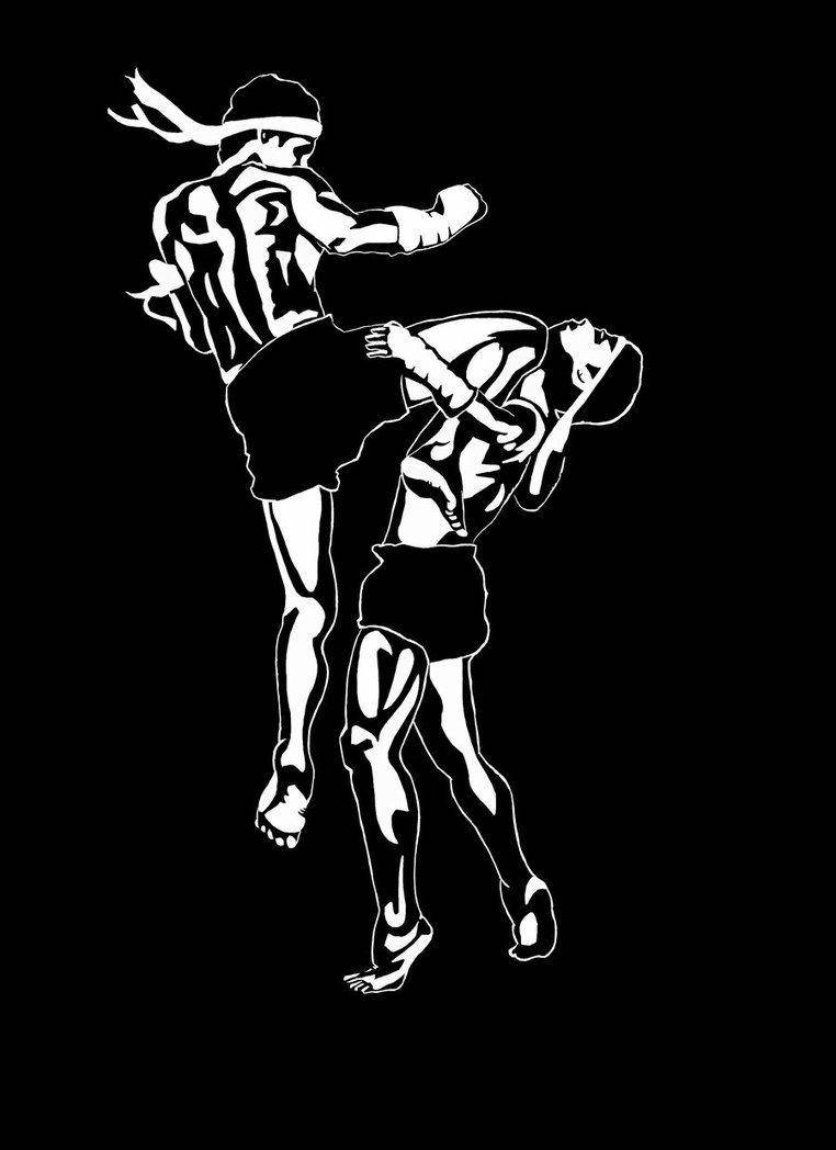 MMA 桌布 壁紙 — 兩個以鮮明白色線條繪製、擺出動態泰拳姿勢的戰士，背景為黑色。