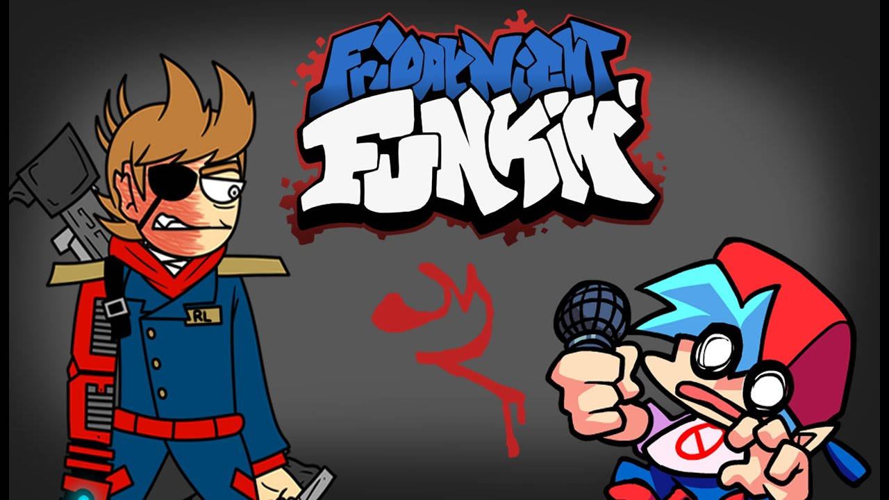 Eddsworld 桌布 壁紙 — 兩個來自 Friday Night Funkin' 的卡通角色在深色背景上與塗鴉風格的標題標誌對峙。