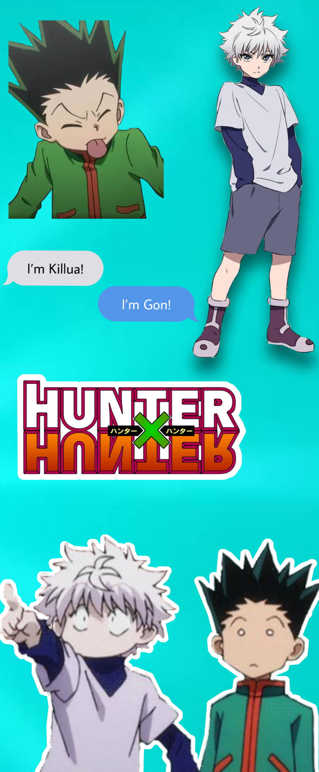 Gon And Killua 桌布 壁紙 — 兩個來自《Hunter x Hunter》的動畫男孩在明亮的青綠色背景前，以對話框自我介紹。