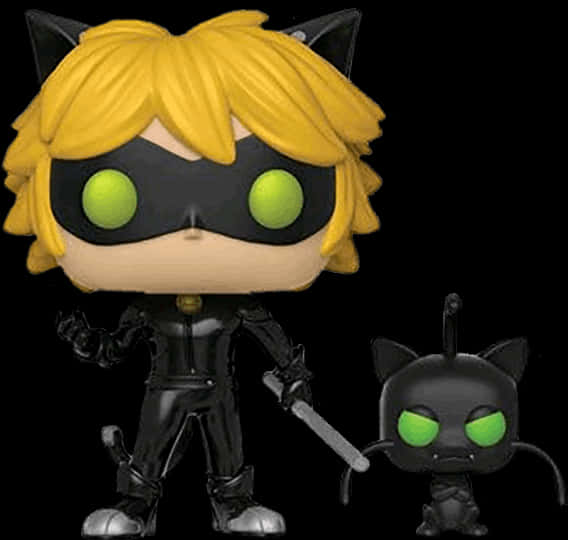 瓢蟲少女 桌布 壁紙 — 兩個來自 Miraculous 的 Adrien Agreste 和他的貓咪夥伴的 Funko Pop 公仔，兩者都有發光的綠色眼睛和黑色服裝，背景為深色。