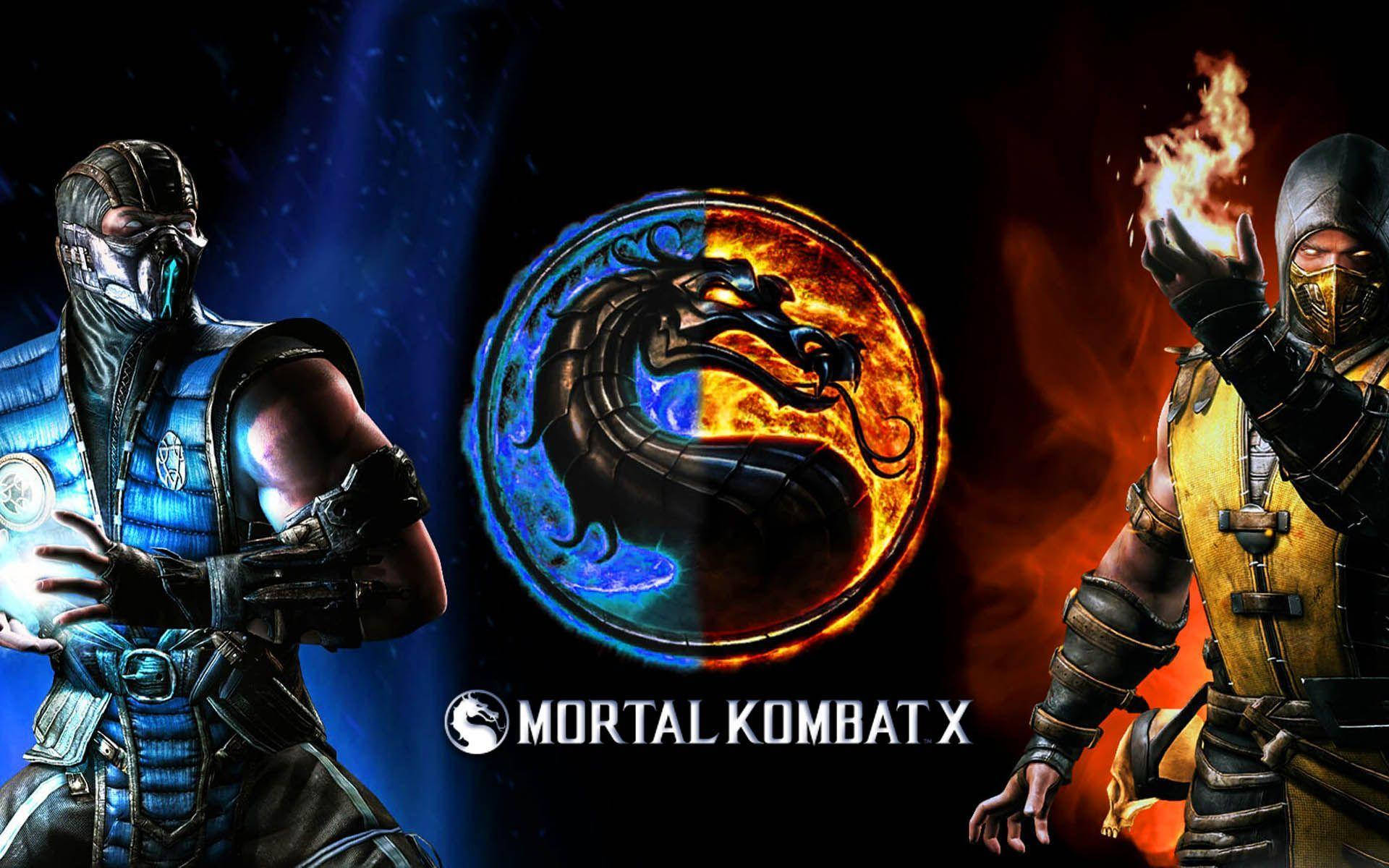 mortal kombat scorpion vs sub zero 桌布 壁紙 — 兩個來自《Mortal Kombat X》的蒙面戰士，面對一個熾熱與冰霜的龍形標誌。