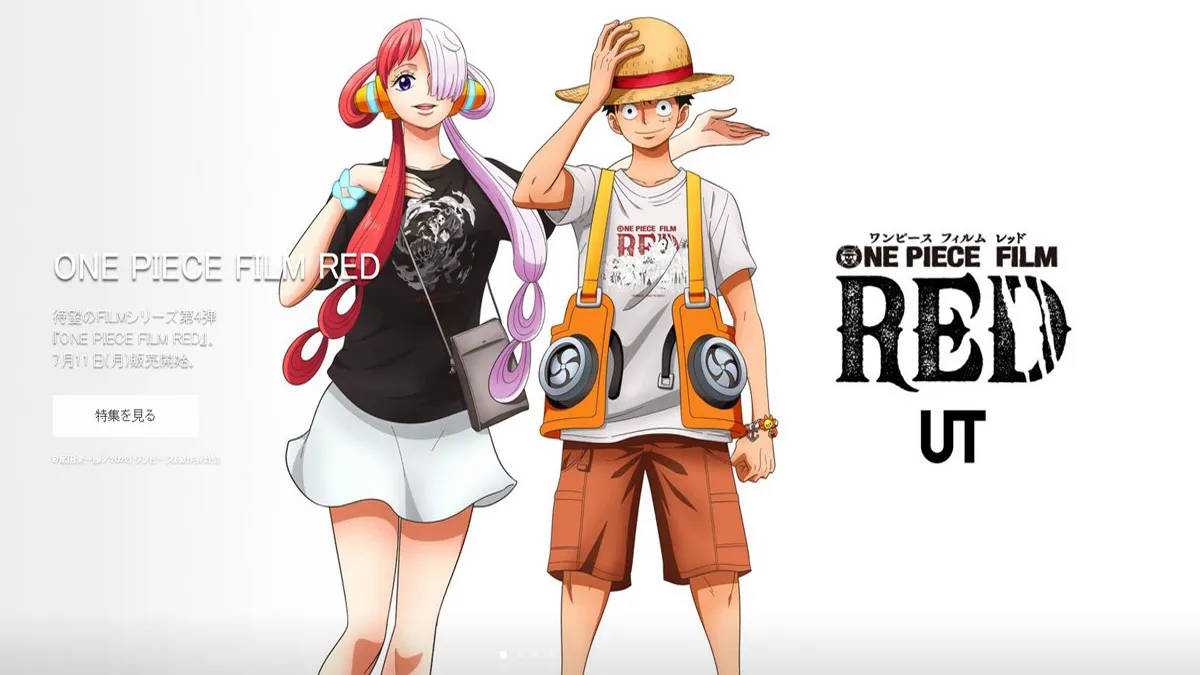 電影動圖 桌布 壁紙 — 兩個來自《ONE PIECE FILM RED》的動漫角色自信地站在純白色背景上，帶有宣傳文字。