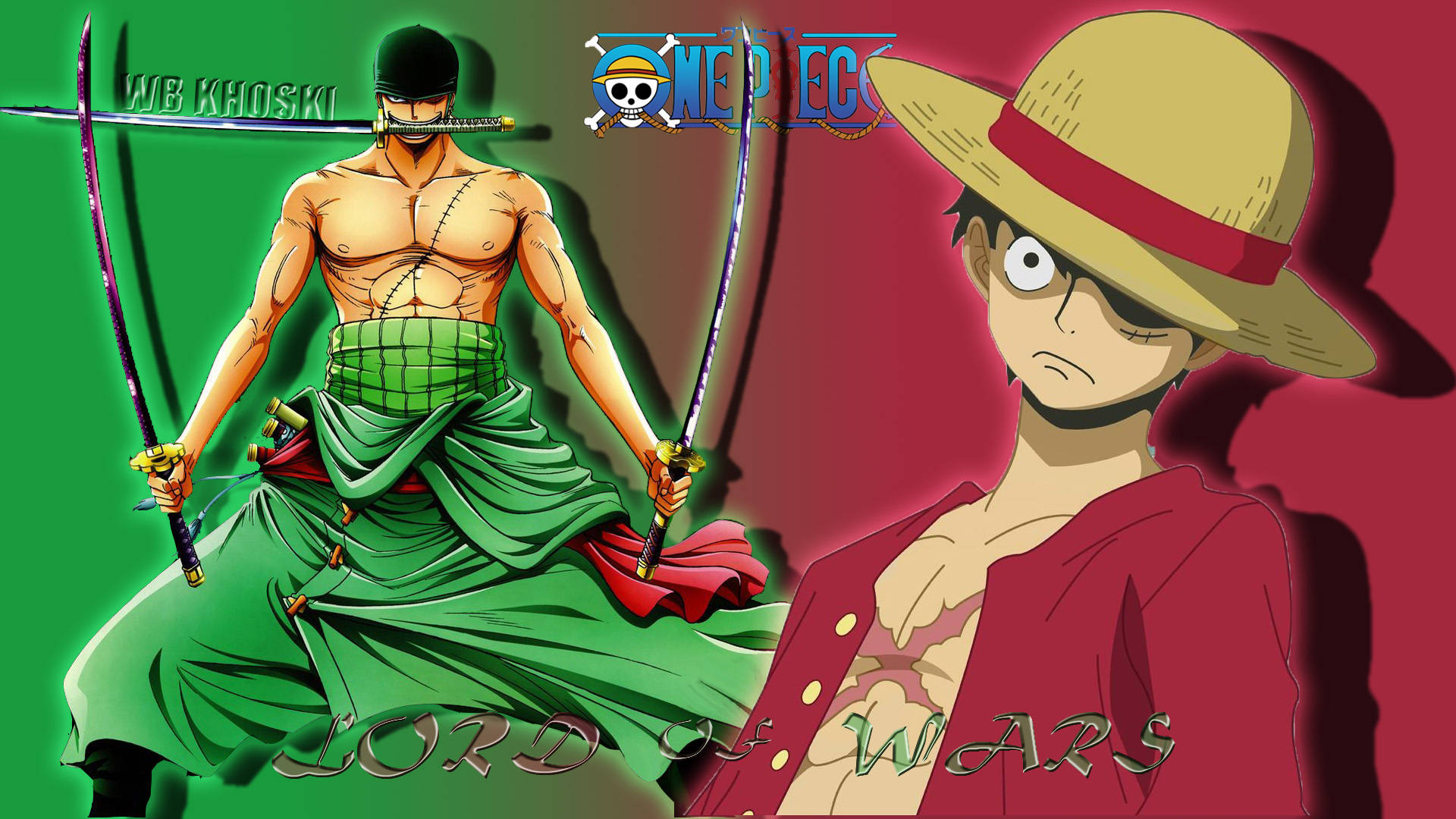 luffy 4K 桌布 壁紙 — 兩個來自《One Piece》的動漫戰士準備戰鬥，一個身穿綠色衣服手持劍，另一個身穿紅色衣服戴著草帽。