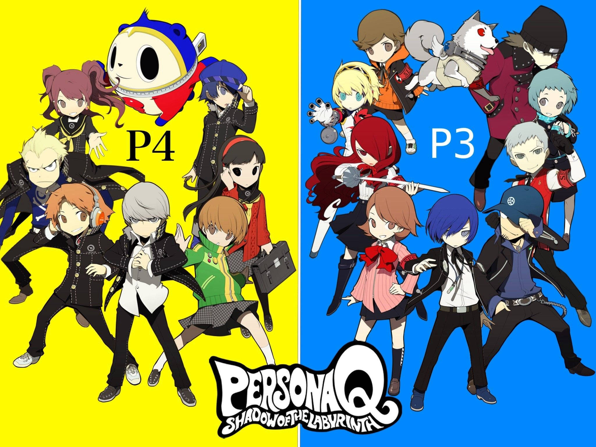 人格面具 桌布 壁紙 — 兩個來自 Persona Q 的充滿活力的動漫群體，動態地由黃色和藍色背景及遊戲標誌分隔。