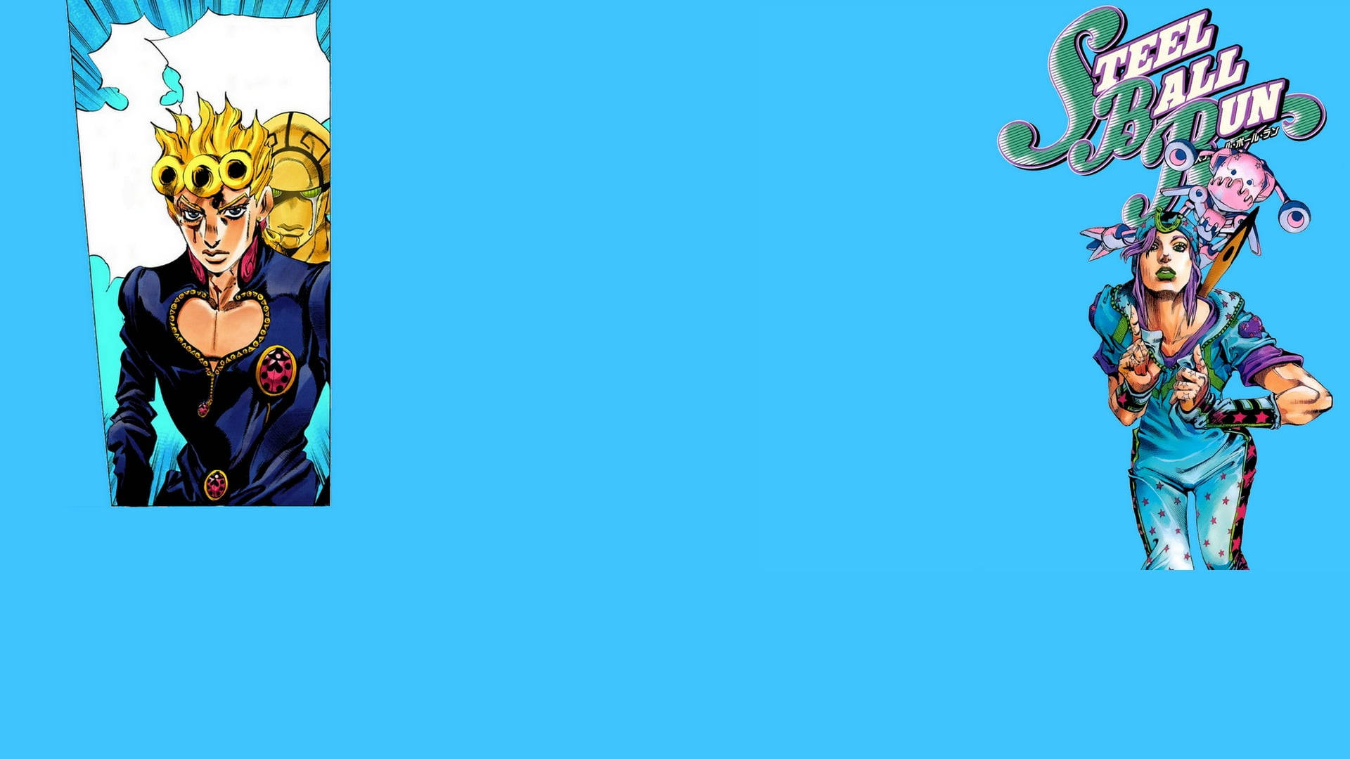 Johnny Joestar 桌布 壁紙 — 兩個來自《Steel Ball Run》的動漫角色站在純藍色背景前，帶有漫畫風格的藝術。