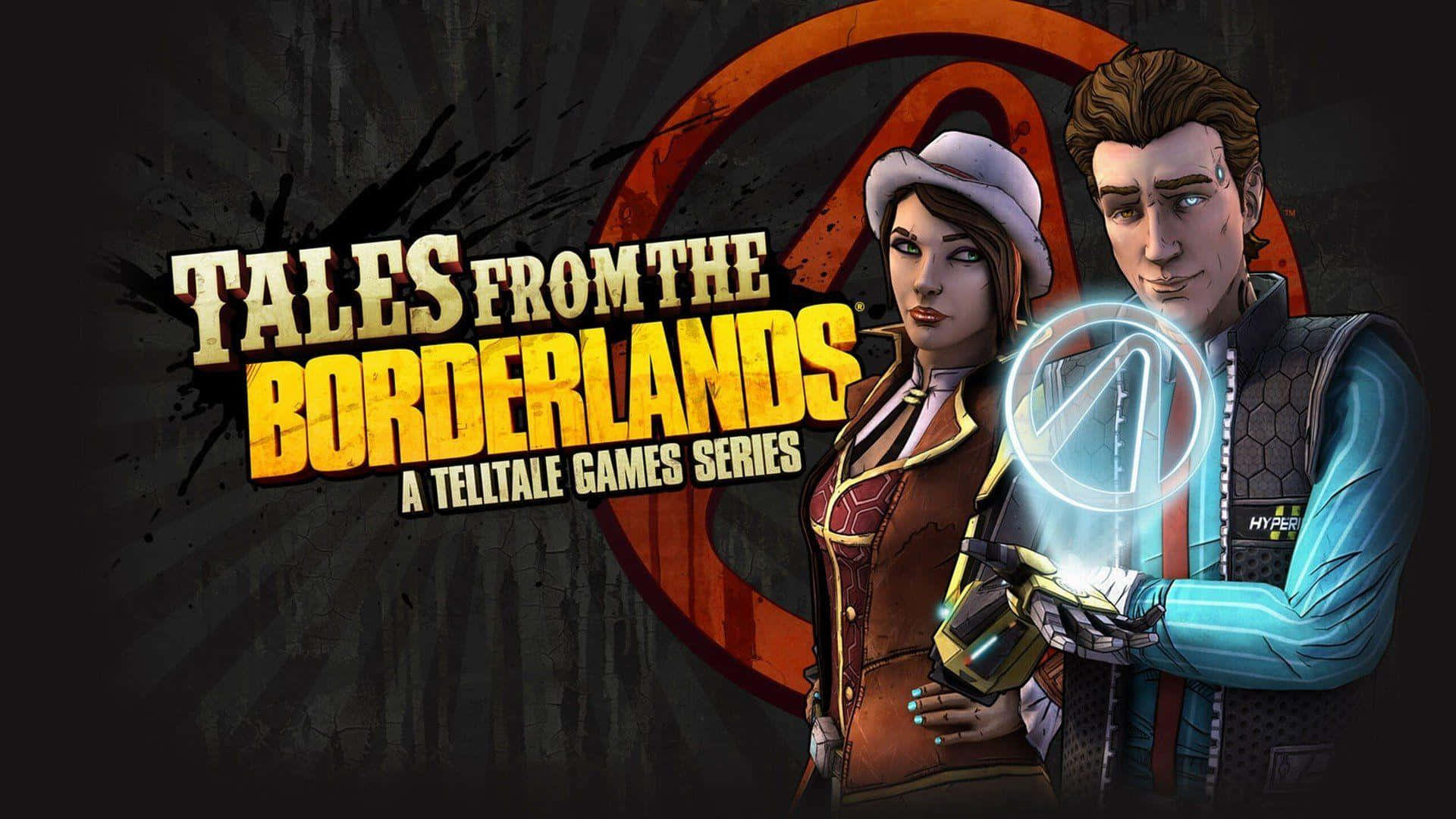 Borderlands 桌布 壁紙 — 兩個來自《Tales from the Borderlands》的風格化角色站在一個發光的標誌前，背景是粗糙的黑暗。