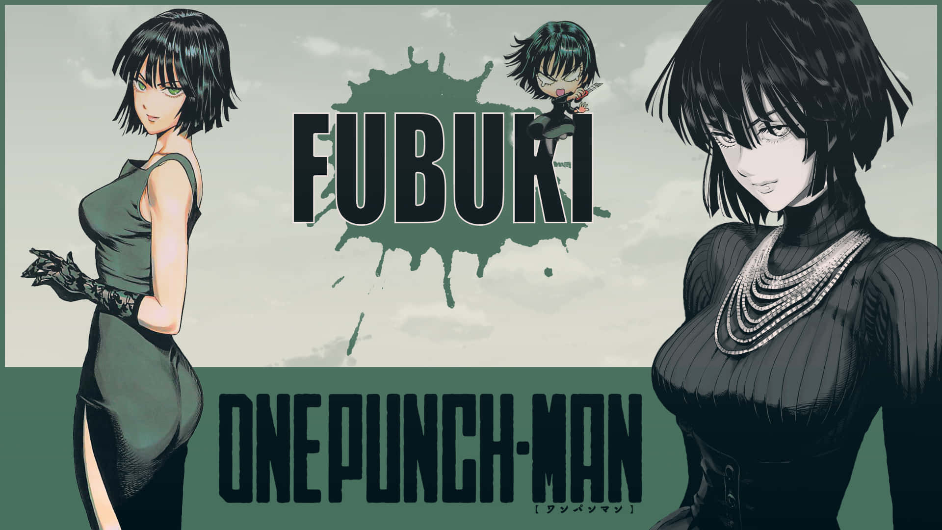 Fubuki 桌布 壁紙 — 兩個來自《一拳超人》的動漫角色自信地站在綠色潑濺背景上，帶有粗體文字。