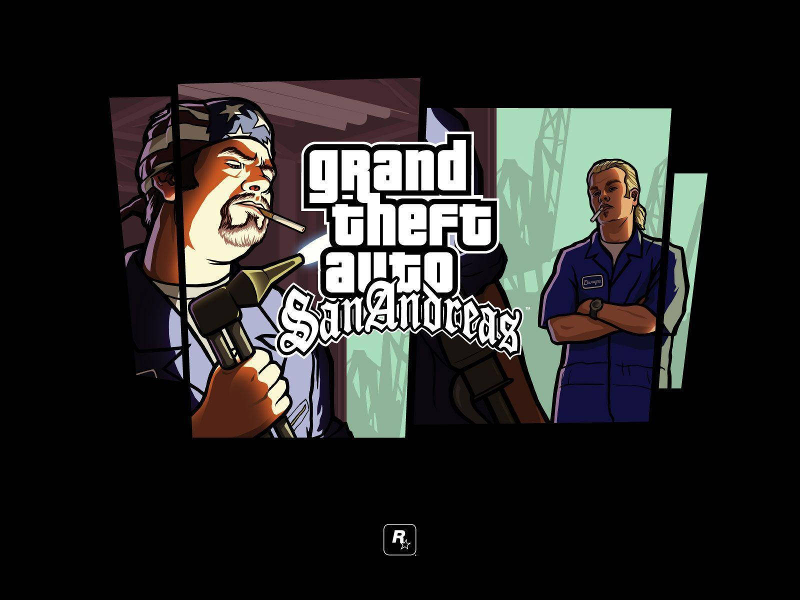GTA 聖安地列斯 桌布 壁紙 — 兩個來自《俠盜獵車手：聖安地列斯》的風格化角色站在分割背景前，遊戲標題以粗體白色文字顯示。