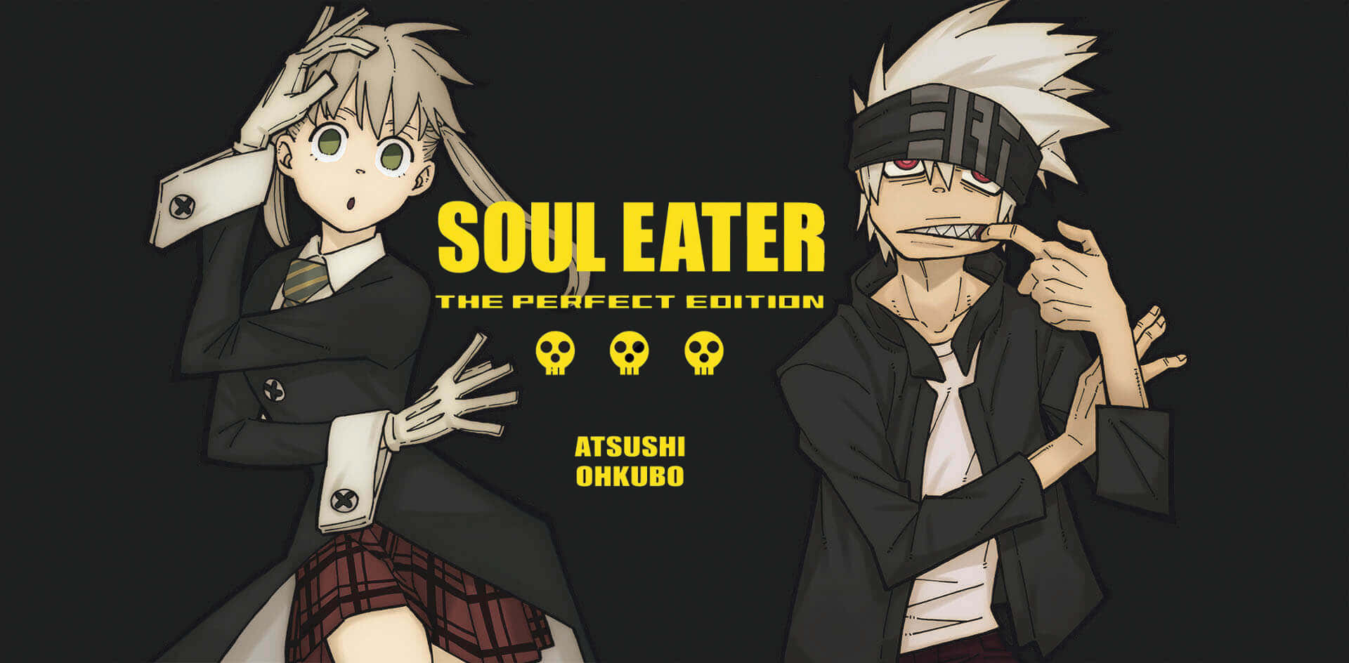 Soul Eater 桌布 壁紙 — 兩個來自《噬魂者》的動漫角色在深色背景下以粗體黃色文字戲劇性地擺姿勢。
