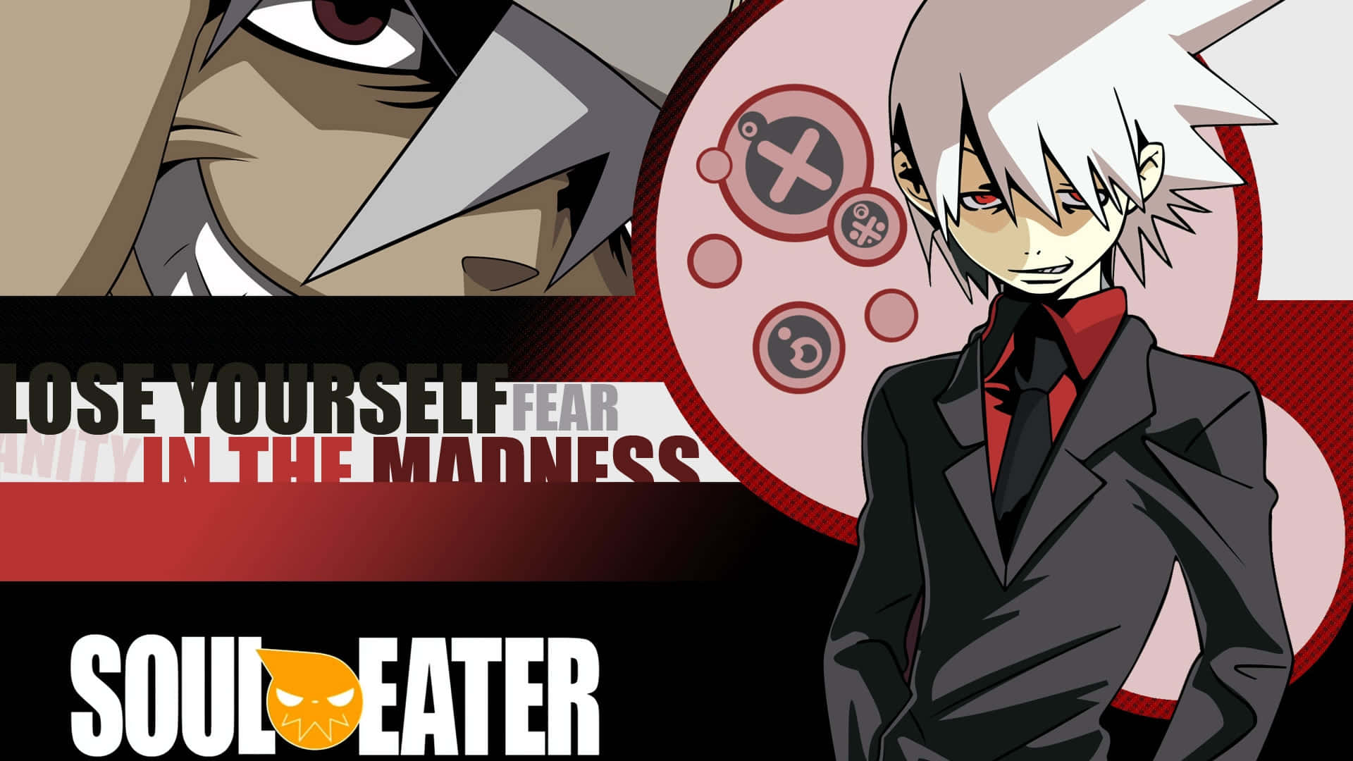 Soul Eater 桌布 壁紙 — 兩個來自《噬魂者》的動漫角色站在大膽的紅黑背景前，帶有遊戲控制器圖案和戲劇性文字。