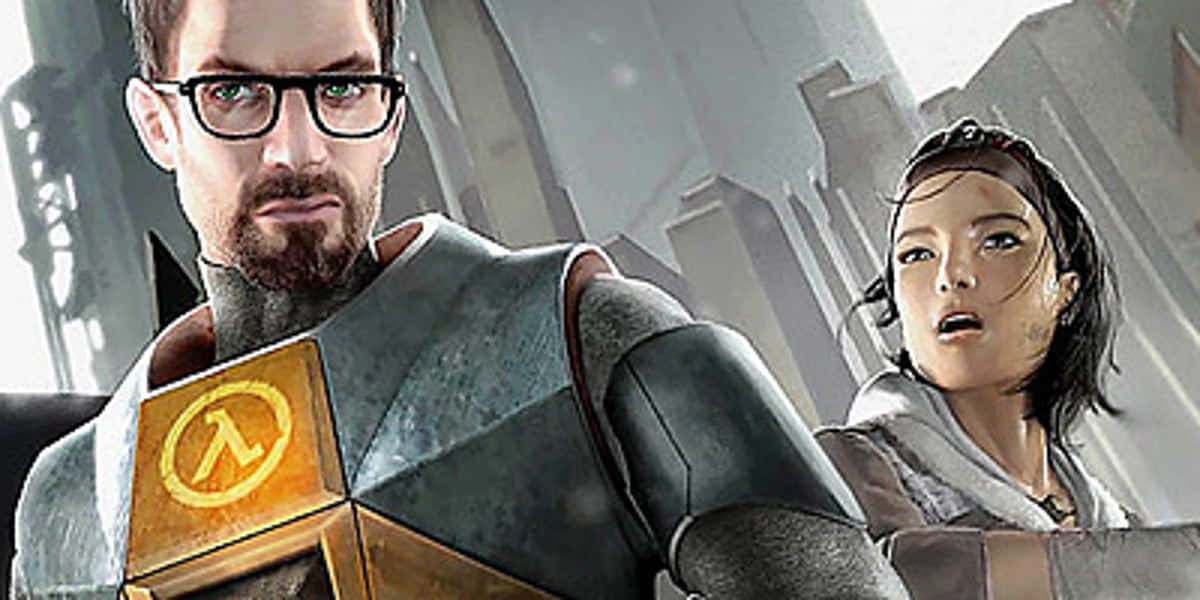 Half-life Characters 桌布 壁紙 — 兩個來自《戰慄時空》的角色站在未來城市景觀中，盔甲上有發光的 lambda 符號。