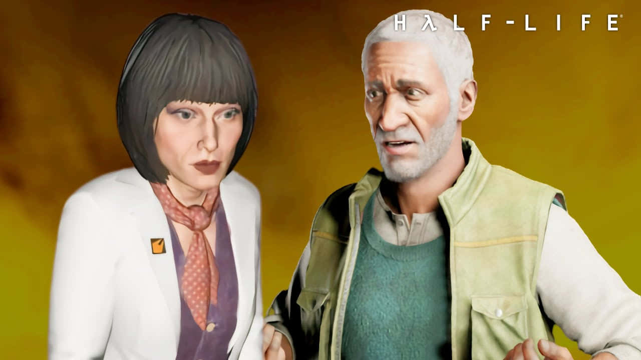 Half-life Characters 桌布 壁紙 — 兩個來自《戰慄時空》的角色站在溫暖的黃色背景前，表情嚴肅。