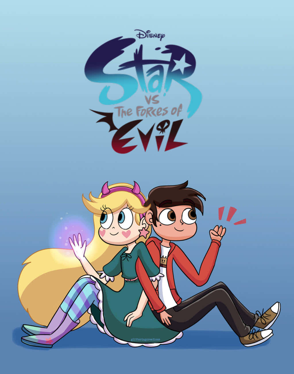 Star Vs The Forces Of Evil 桌布 壁紙 — 兩個來自《星蝶公主》的動畫角色坐在一起，在柔和的藍色漸變背景前開心地揮手。
