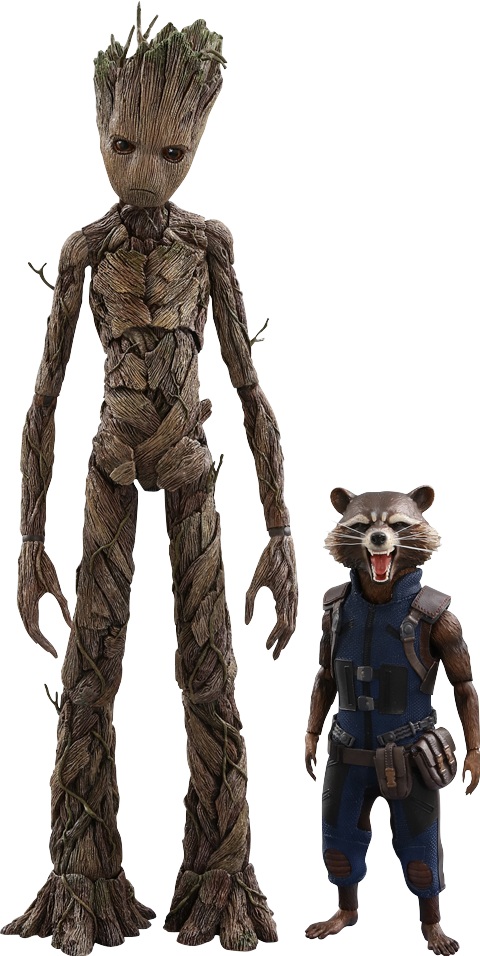 rocket raccoon 桌布 壁紙 — 兩個來自《星際異攻隊》的格魯特和火箭浣熊精細動作人偶，站在純灰色背景前。