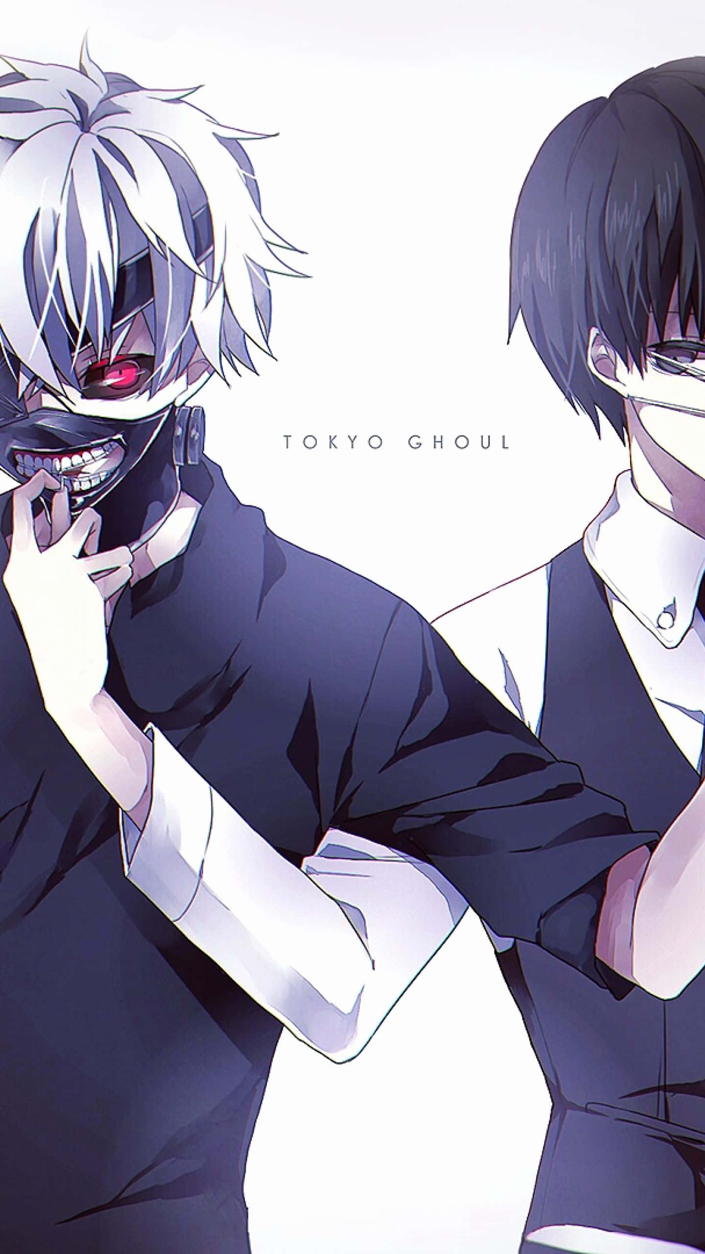 Cute Boy Anime 桌布 壁紙 — 兩個來自《東京喰種》的動漫角色，一個白髮紅眼，另一個黑髮戴面具，站在純白背景前。