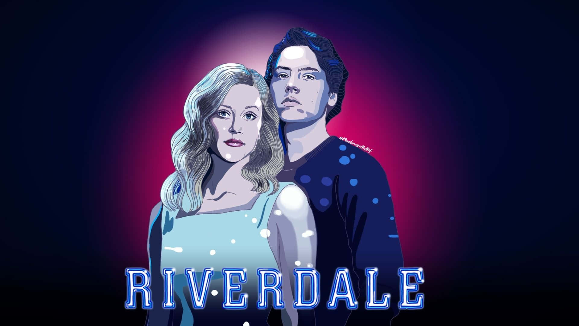 Riverdale 桌布 壁紙 — 兩個來自《河谷鎮》的插圖角色站在發光的紫色和藍色漸變背景前，標題顯眼地顯示在下方。