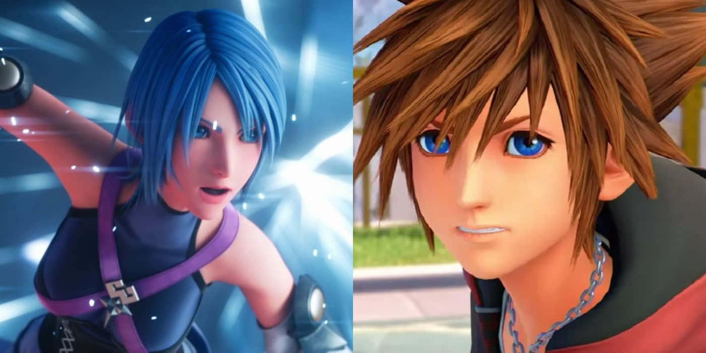 Kingdom Hearts Characters 桌布 壁紙 — 兩個來自《王國之心》的動畫角色，一個藍髮揮舞著發光武器，另一個棕髮藍眼，特寫鏡頭。