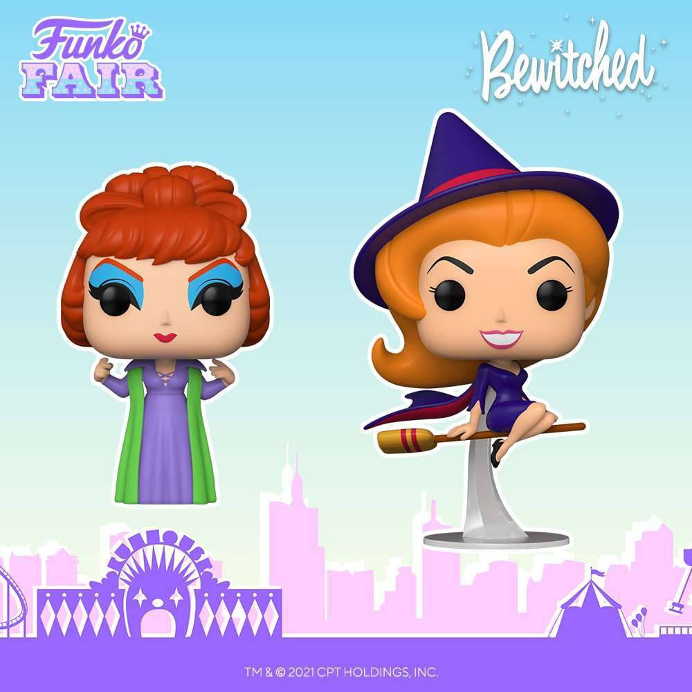 女巫 桌布 壁紙 — 兩個來自《神仙家庭》的Funko Pop!公仔站在帶有嘉年華元素的粉彩城市天際線前。