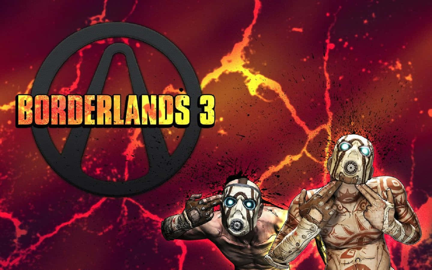 Borderlands 3 桌布 壁紙 — 兩個來自《邊緣禁地3》的蒙面持槍角色在熾熱的紅色熔岩背景前擺姿勢，並帶有遊戲標誌。