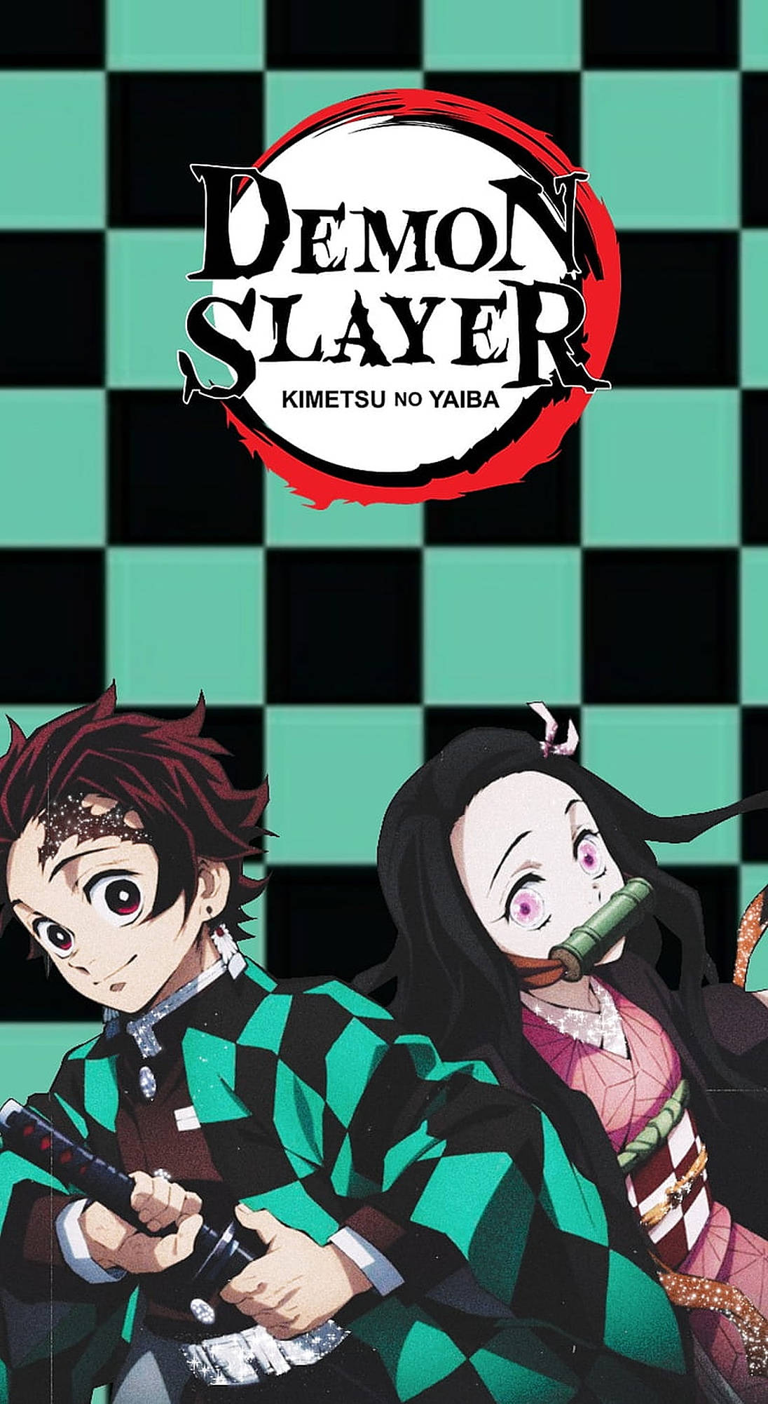 demon slayer logo 桌布 壁紙 — 兩個來自《鬼滅之刃》的動漫角色站在綠色和黑色格紋背景前，上方有節目標誌。