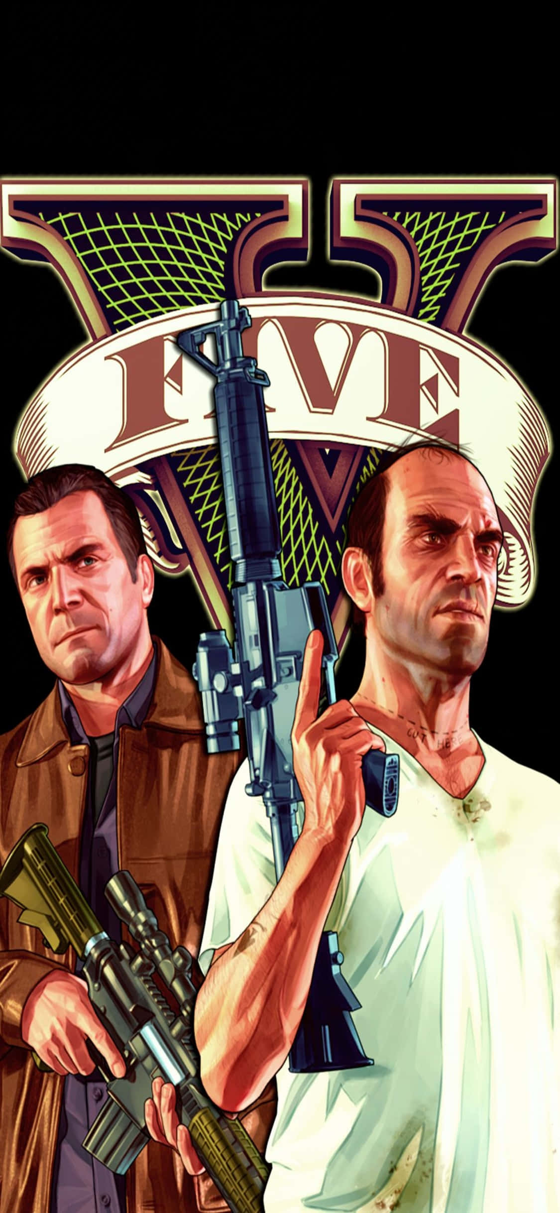 Grand Theft Auto V 桌布 壁紙 — 兩個來自GTA V的粗獷黑幫分子，在黑色背景上，遊戲標誌性標誌下，手持步槍威嚇地站立。