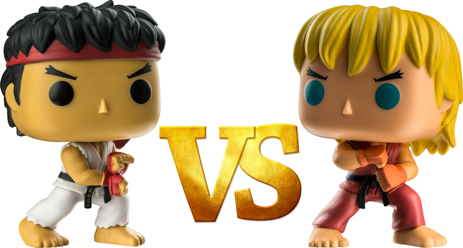 快打旋風 桌布 壁紙 — 兩個來自快打旋風的Ryu和Ken的Funko Pop人偶以金色VS標誌分隔，站在黑色背景前擺出戰鬥姿勢。