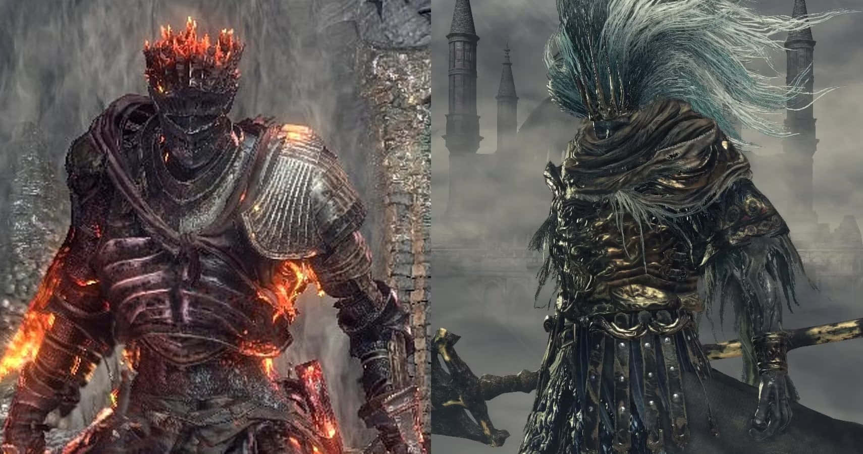 Dark Souls Bosses 桌布 壁紙 — 兩個來自黑暗奇幻遊戲的裝甲戰士站在迷霧哥德式廢墟中，一個被火焰吞噬，另一個擁有飄逸的藍色頭髮。