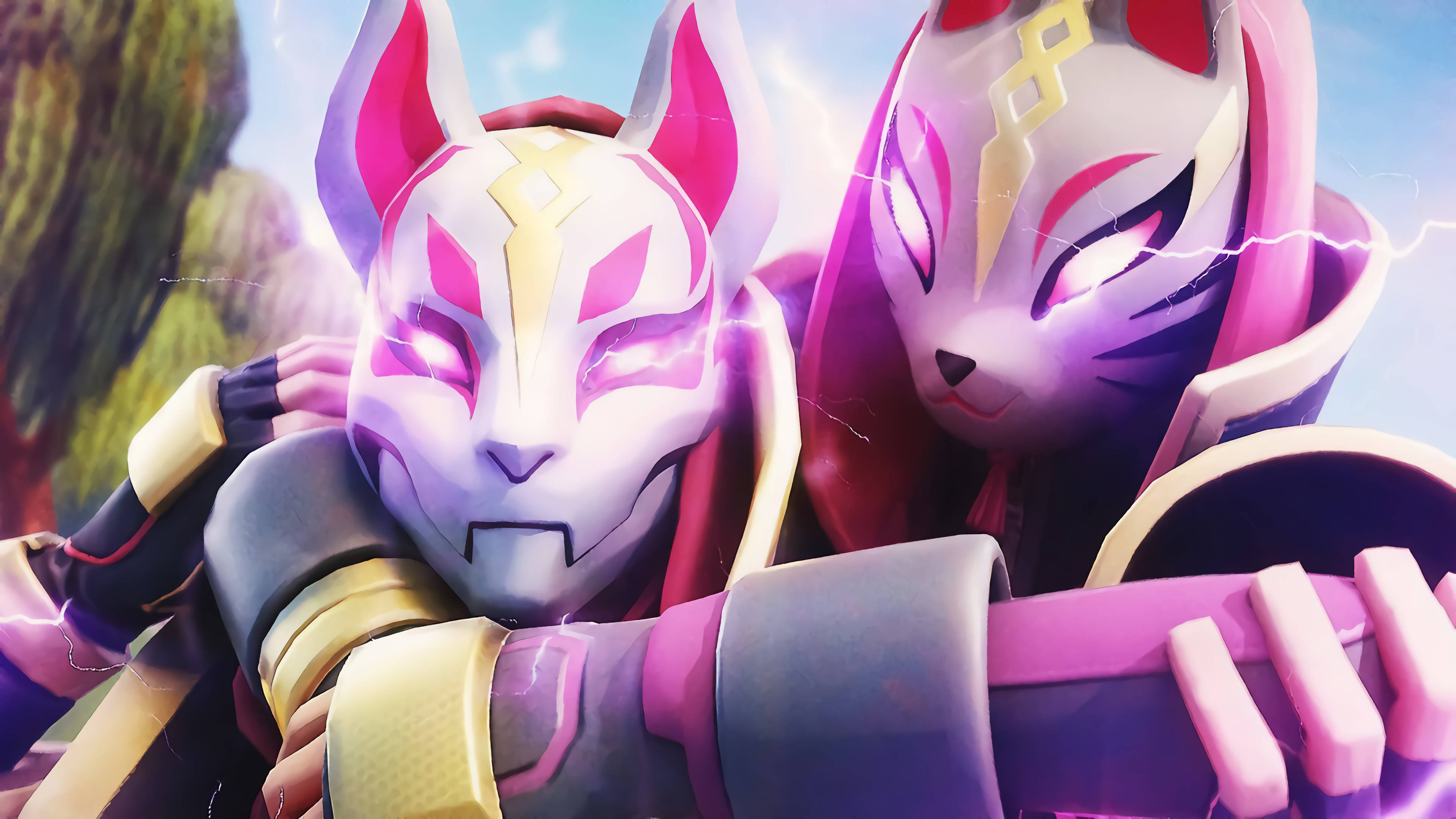 Drift 桌布 壁紙 — 兩個像狐狸的動漫角色，眼睛發光並帶有閃電效果，在明亮的天空下動態擺姿勢。