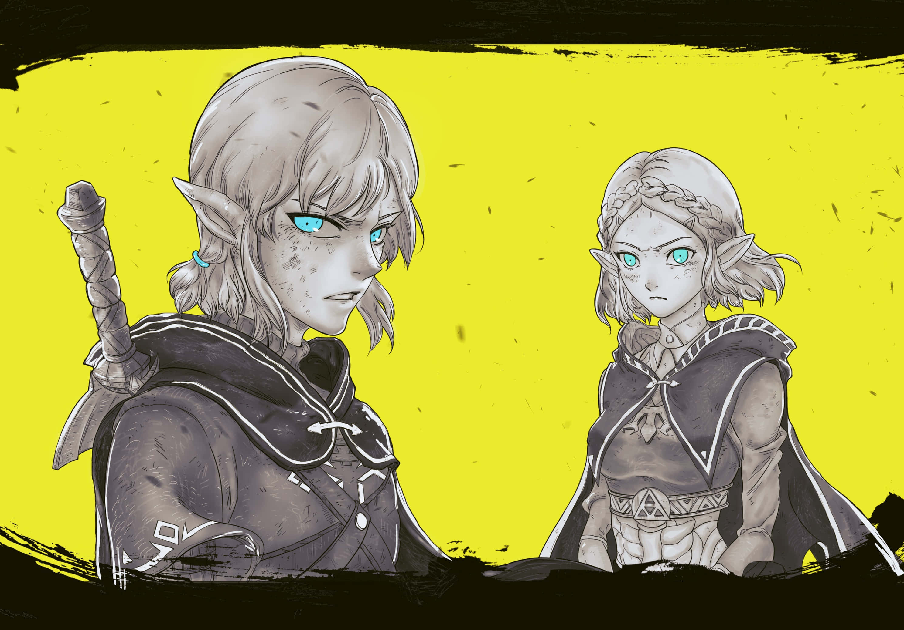 The Legend Of Zelda Tears Of The Kingdom 桌布 壁紙 — 兩個像精靈的戰士，藍眼睛，手持劍，站在一個大膽的黃色背景前，帶有黑色筆觸邊框。