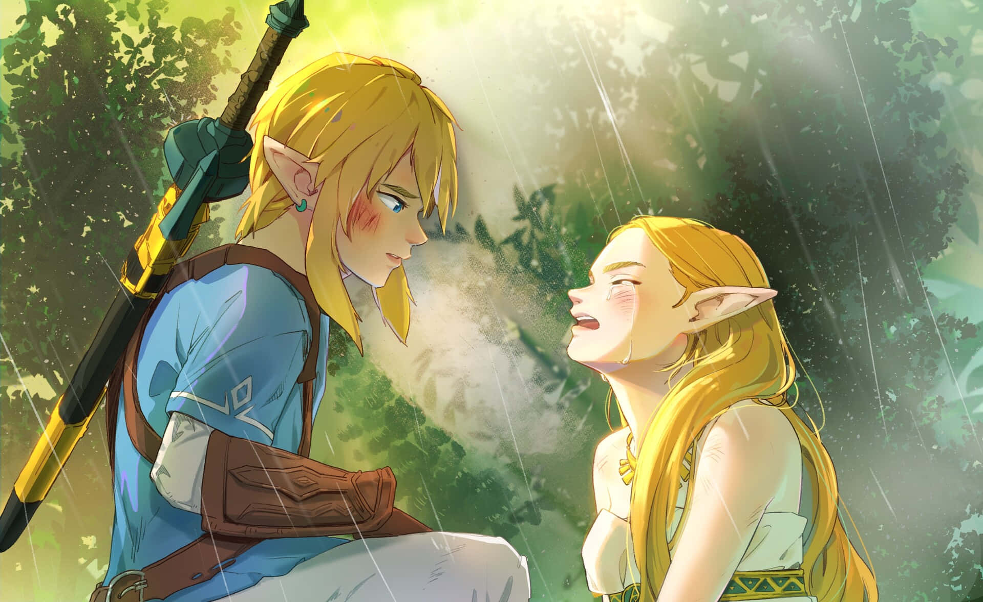 The Legend Of Zelda Tears Of The Kingdom 桌布 壁紙 — 兩個像精靈的金髮角色在茂密的綠色森林中，在雨中分享親密時刻。