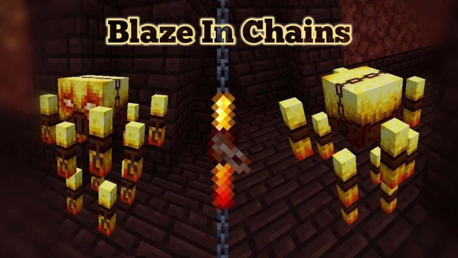 Minecraft Blaze 桌布 壁紙 — 兩個像素化的 Minecraft 烈焰人被鎖鏈拴在昏暗地牢的石牆上，散發著橙色火焰。