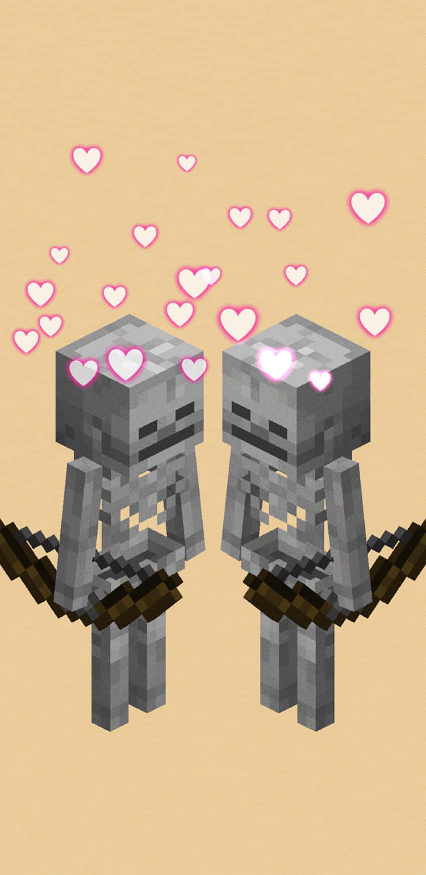 Minecraft Skeleton 桌布 壁紙 — 兩個像素化的 Minecraft 骷髏面對面站立，粉紅色的心形漂浮在它們的頭頂上方，背景為米色。