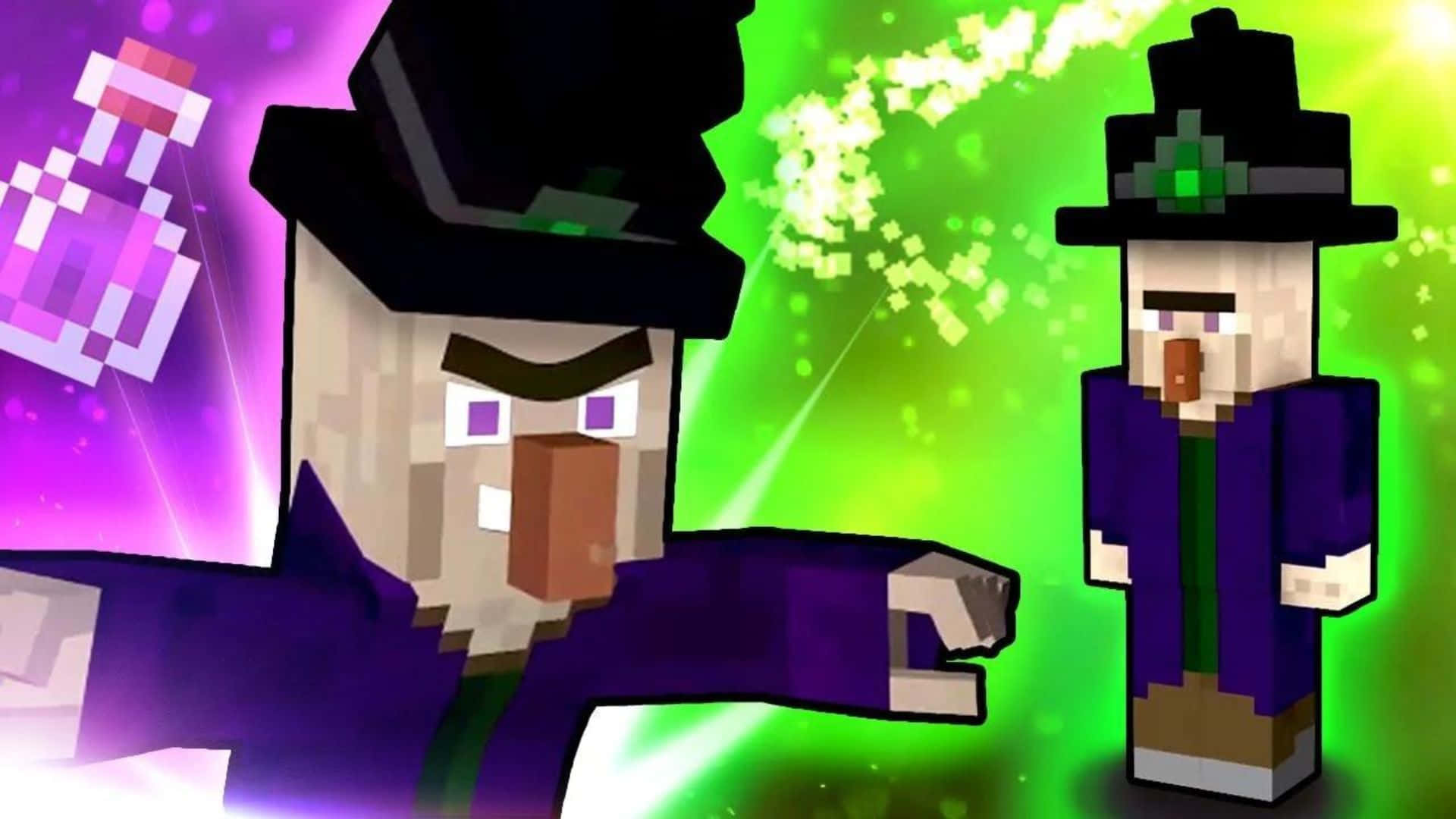Minecraft Witch 桌布 壁紙 — 兩個像素化的Minecraft巫師身穿紫色長袍，在充滿活力的綠色和紫色背景下施展發光的咒語。