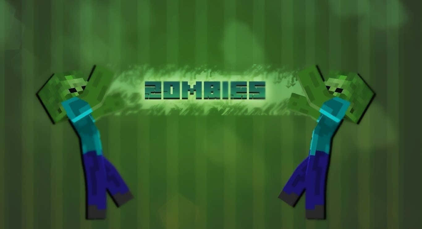 Minecraft Zombie 桌布 壁紙 — 兩個像素化的Minecraft殭屍在條紋綠色背景上以發光綠色文字夾住「zombies」一詞。