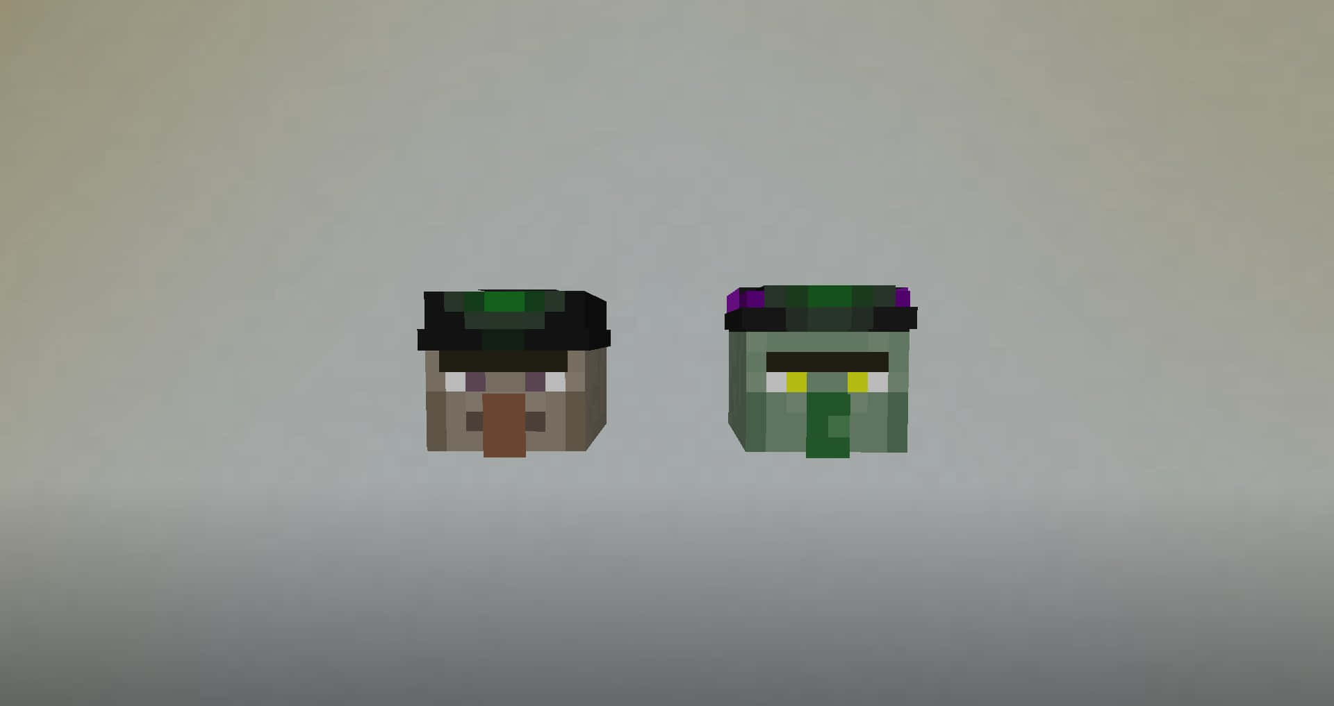 Minecraft Witch 桌布 壁紙 — 兩個像素化的Minecraft殭屍戴著綠色帽子，並排站在純灰色背景前。