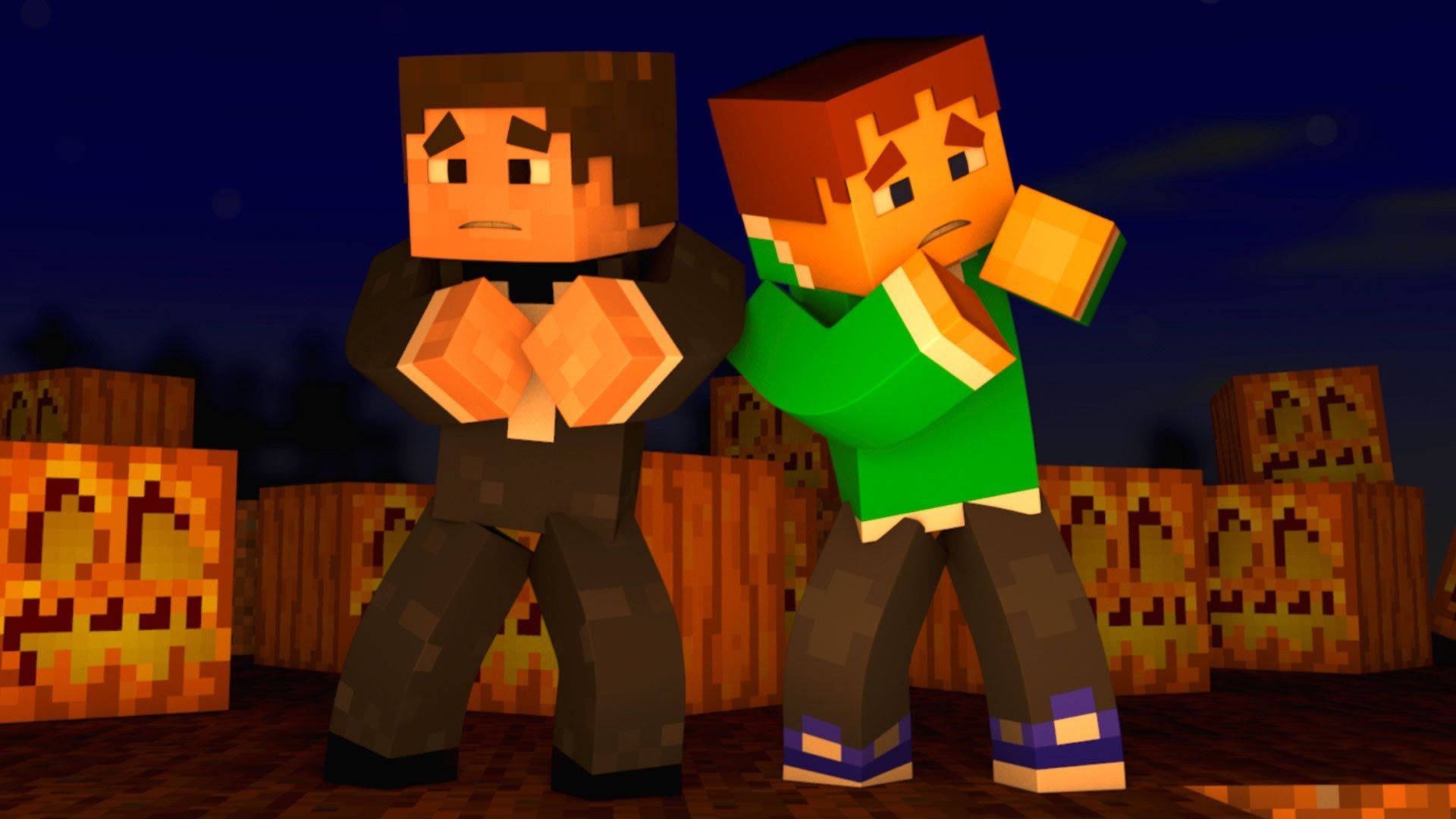電玩遊戲 桌布 壁紙 — 兩個像素化的Minecraft角色站在一個詭異的夜晚場景中，周圍環繞著發光的傑克南瓜燈。