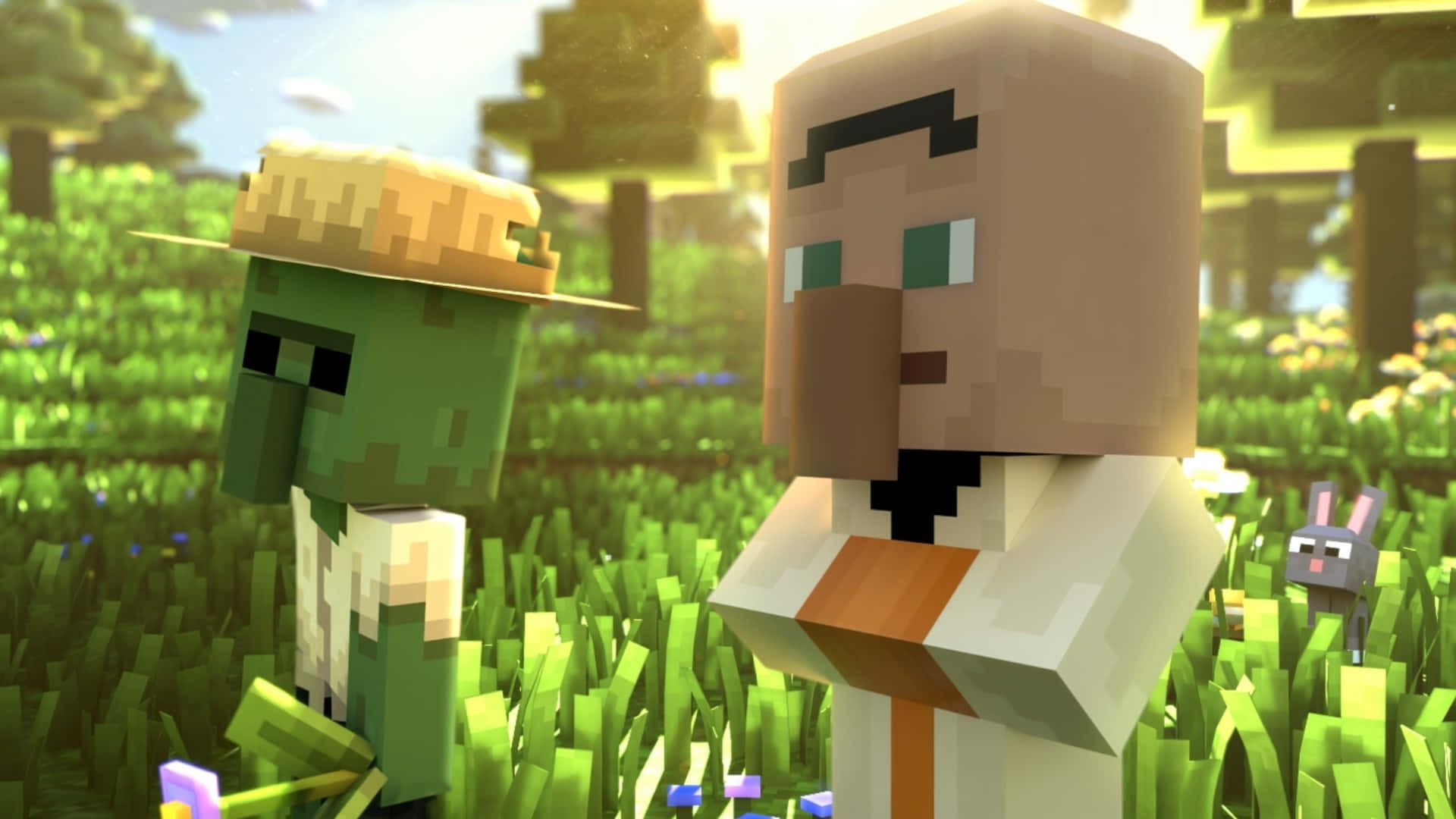 Minecraft Villagers 桌布 壁紙 — 兩個像素化的Minecraft角色站在陽光明媚的草地上，附近有樹木和一隻兔子。