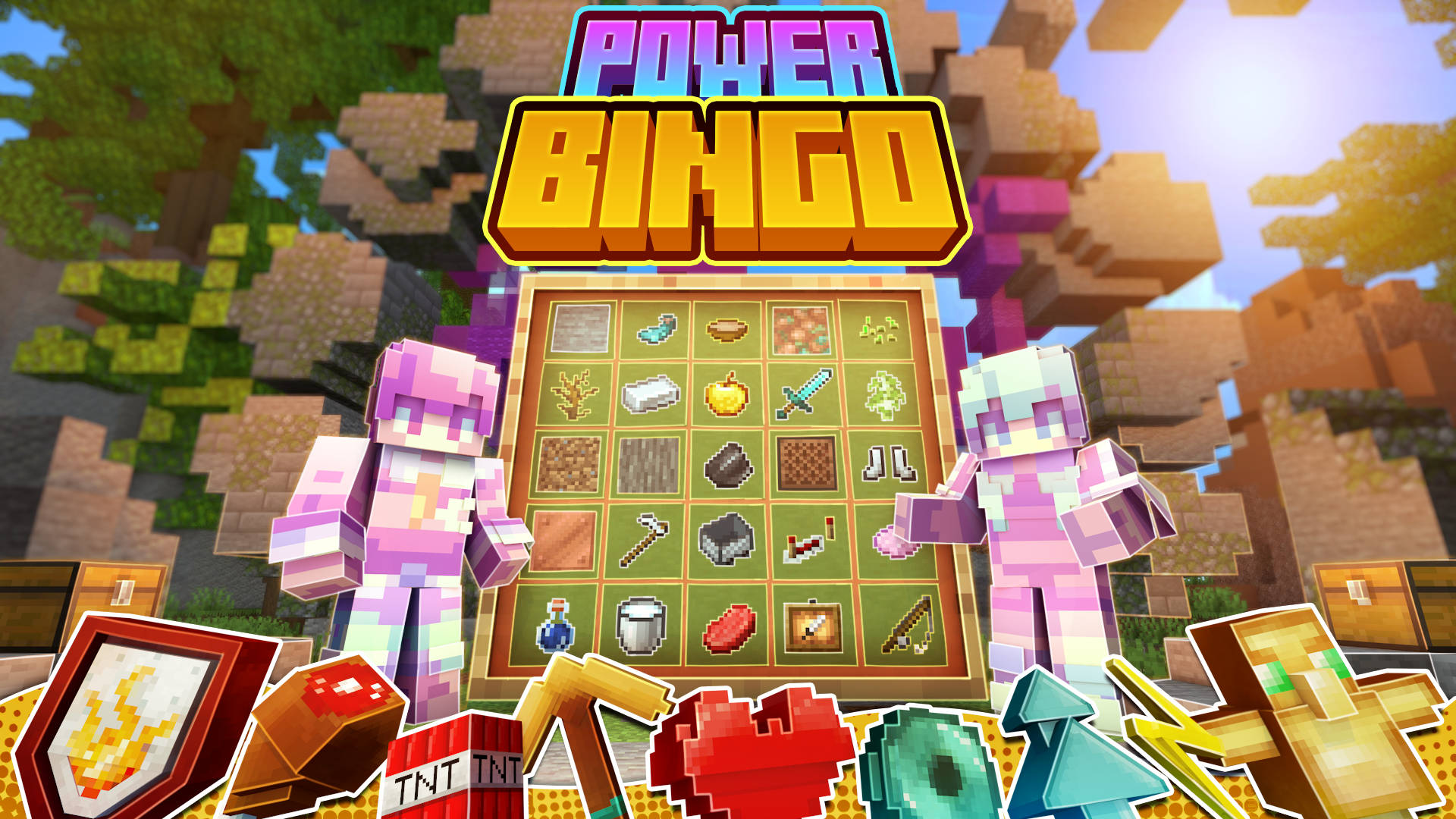Bingo 桌布 壁紙 — 兩個像素化的Minecraft角色夾著一個充滿遊戲物品的「Power Bingo」遊戲板，背景是方塊狀的森林。