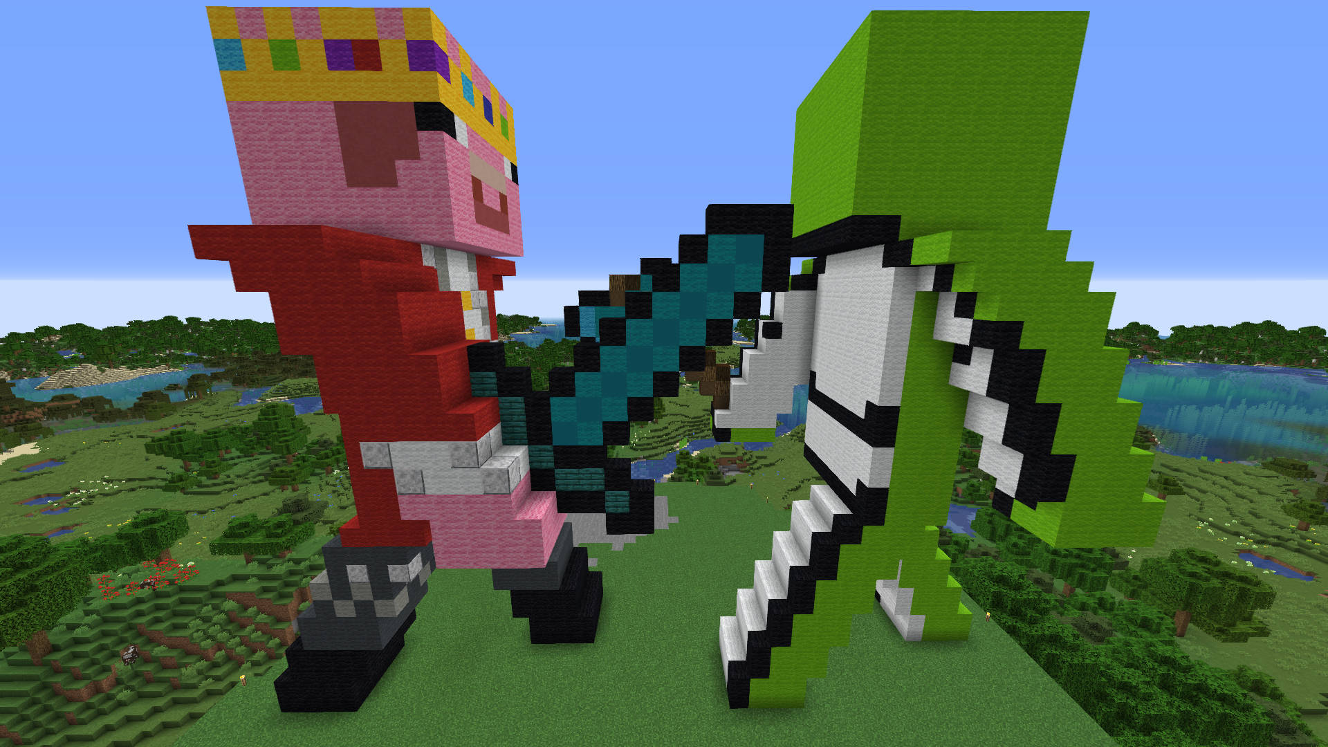 兩個身穿方塊盔甲的Minecraft角色，站在有水和樹木的草地景觀中。