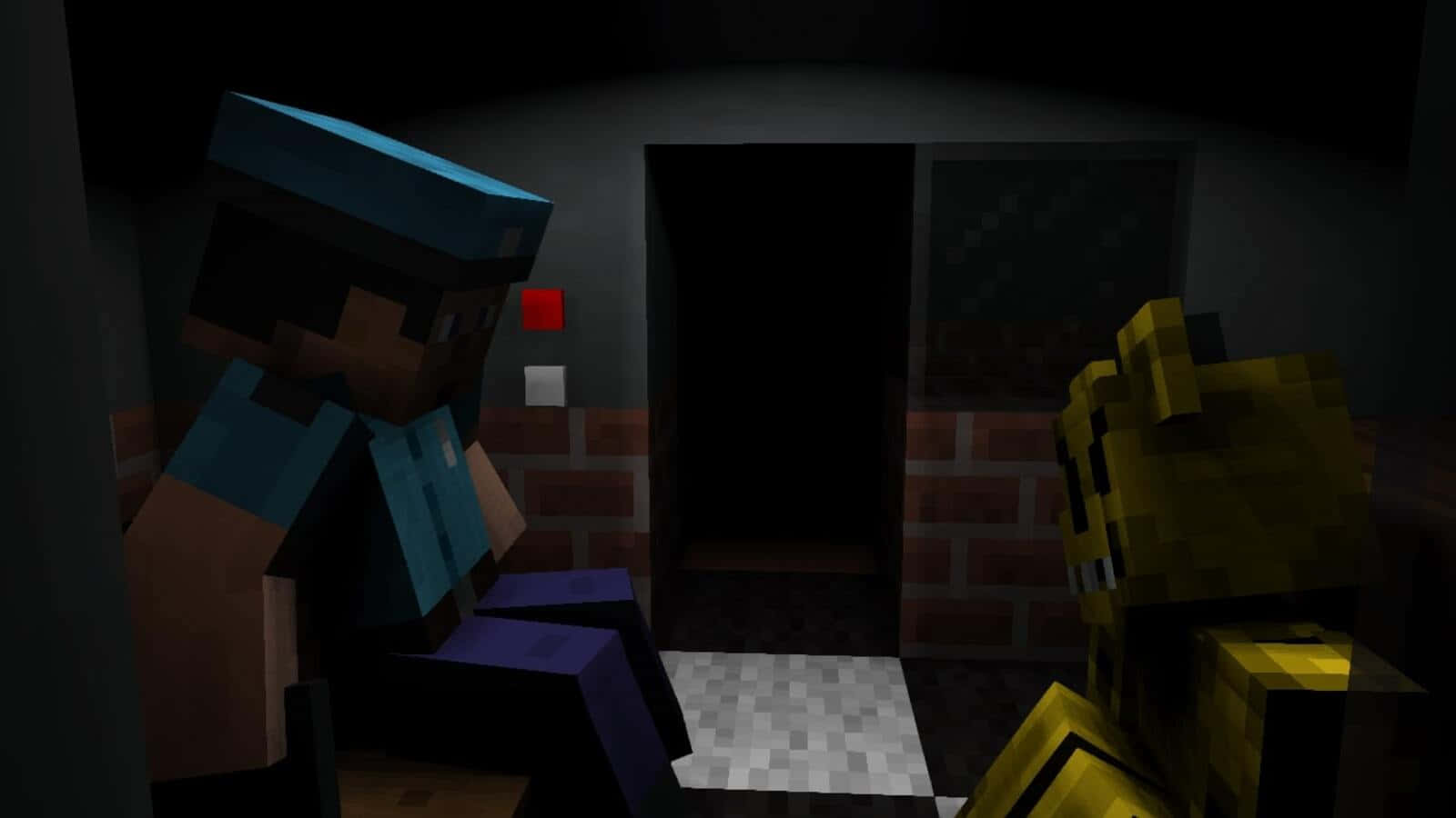 Golden Freddy 桌布 壁紙 — 兩個像素化的Minecraft角色坐在一個光線昏暗的磚房裡，面向一個牆上有紅色按鈕的黑暗門口。