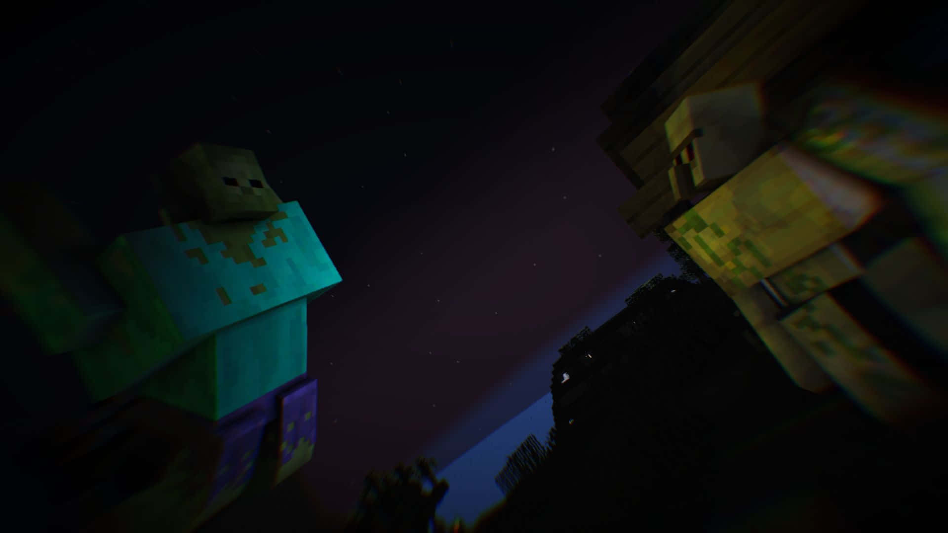 Minecraft Iron Golem 桌布 壁紙 — 兩個像素化的Minecraft角色站在星空下，周圍有發光的方塊和黑暗的剪影。