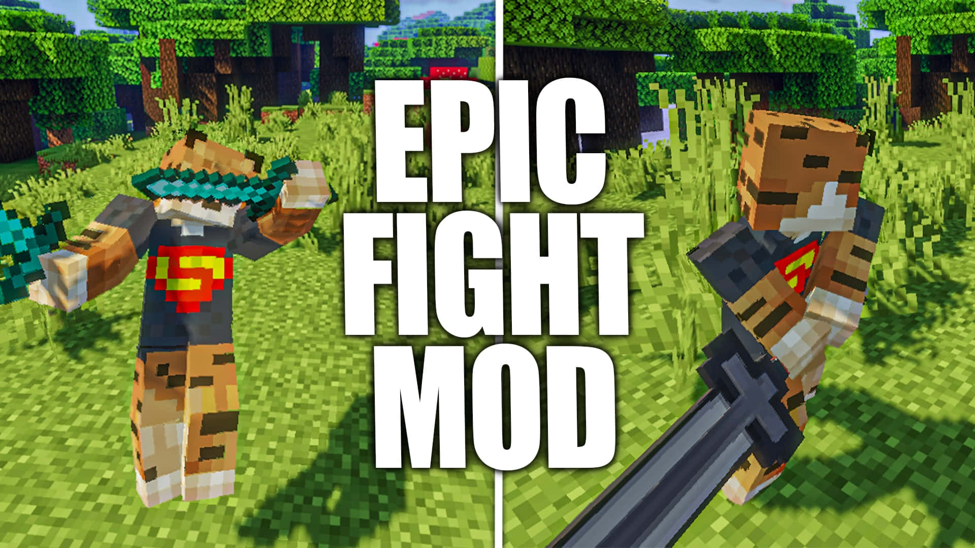Minecraft Fight 桌布 壁紙 — 兩個像素化的Minecraft角色在長滿草的森林中，在明亮的日光下用劍交鋒。