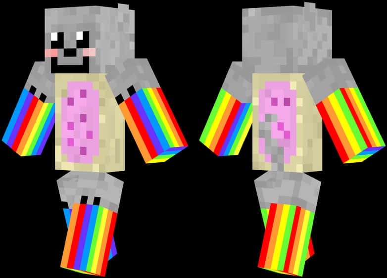 Minecraft Character 桌布 壁紙 — 兩個像素化的Minecraft角色，有彩虹色的四肢和粉紅色的肚臍，在黑色背景前後展示。