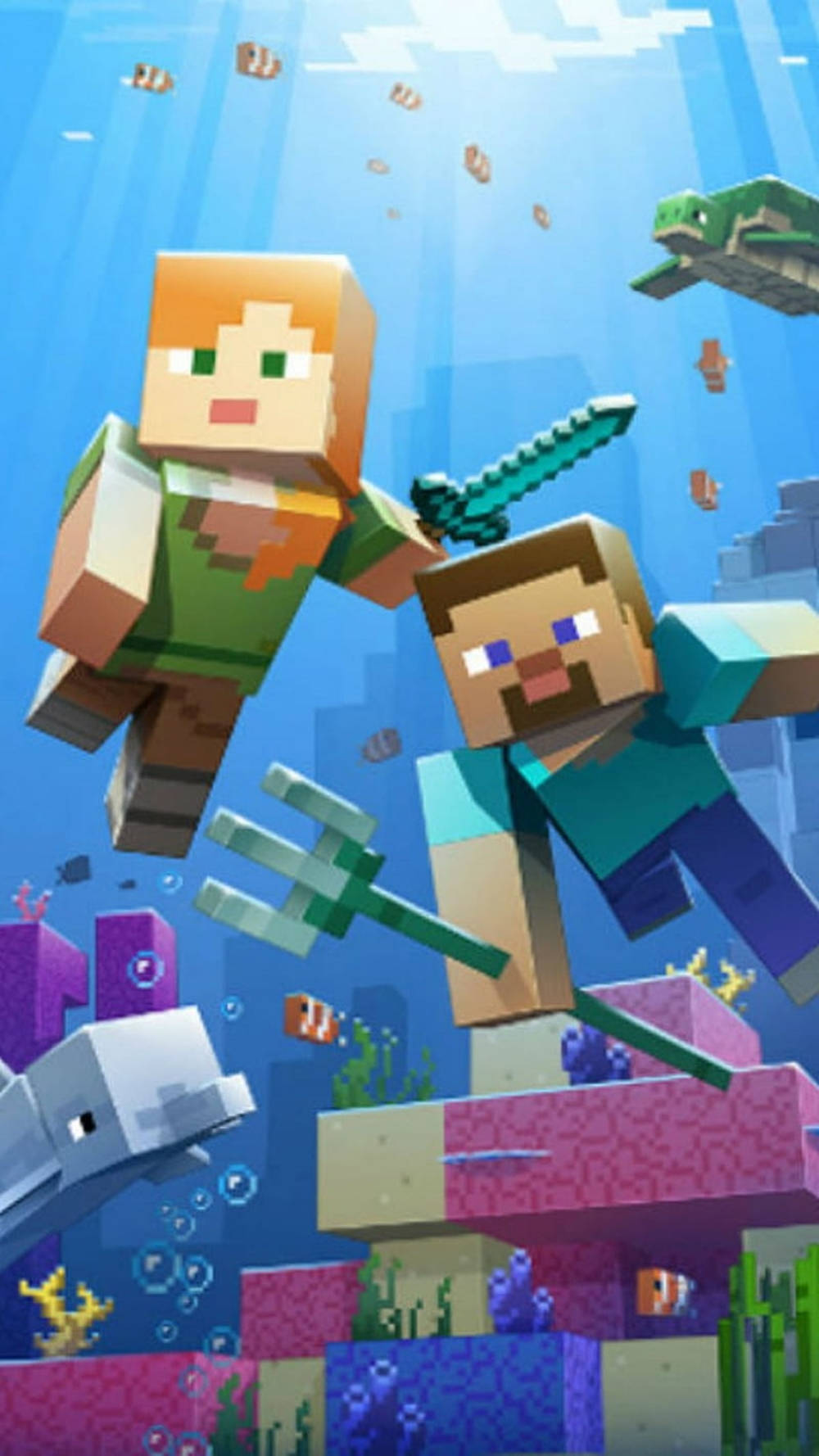 我的世界 高畫質壁紙 桌布 壁紙 — 兩個像素化的Minecraft角色在珊瑚方塊和魚群中手持劍和三叉戟潛入水下。