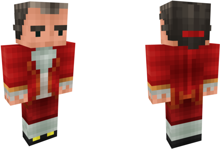 mozart 桌布 壁紙 — 兩個像素化的Minecraft角色穿著紅色外套，在黑色背景前展示正面和背面。